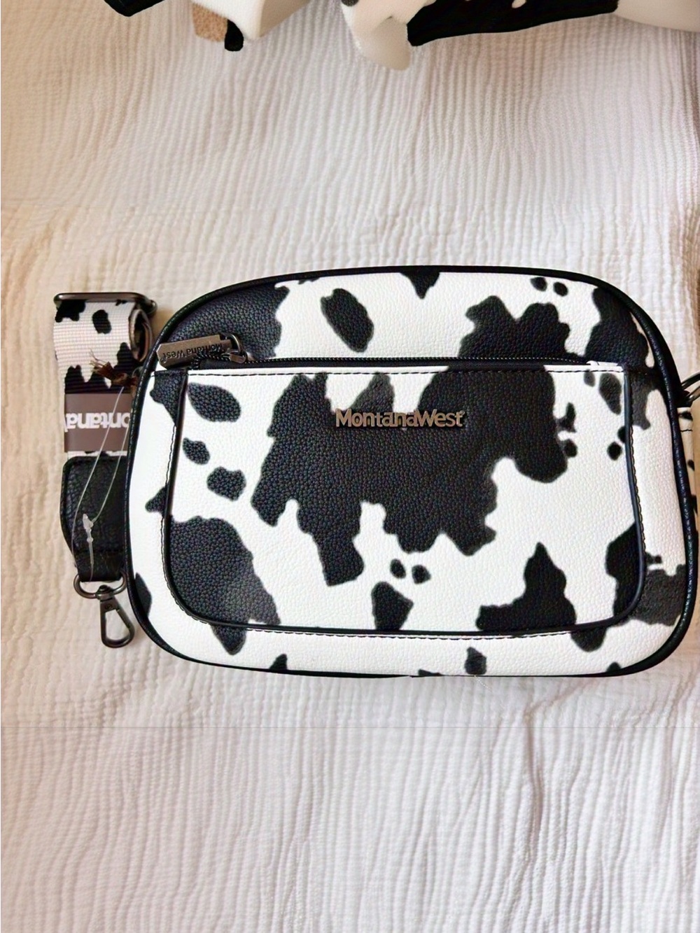 Montana West Black & White Cowhide-Print Crossbody Bag with Detachable Strap